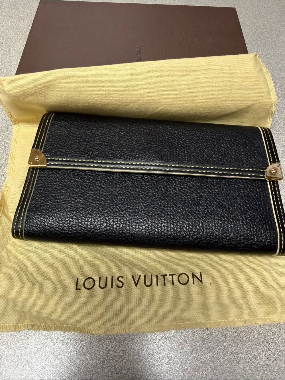 Louis Vuitton Black Leather Continental Wallet with Gold-Tone Corner Hardware